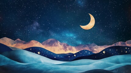 Wall Mural - retro-style milky way night sky landscape with glowing moon and stars, featuring vintage paper artwo