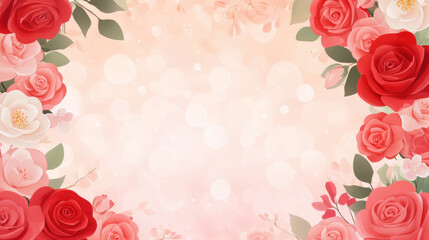 Wall Mural - Beautiful floral background with red and pink roses, soft bokeh effect, and delicate leaves, perfect for romantic occasions or celebrations