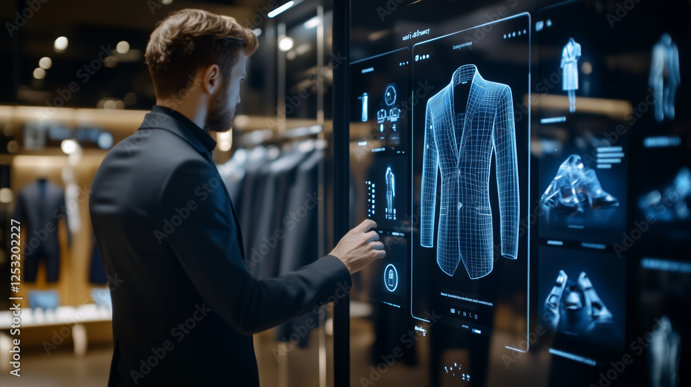 Stylish businessman using interactive touchscreen choosing digital ...