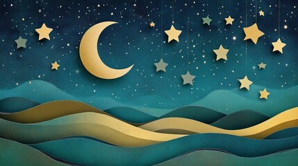 Wall Mural - retro-style milky way night sky landscape with glowing moon and stars, featuring vintage paper artwo