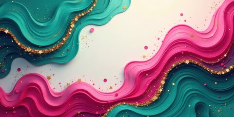 Poster - Abstract Wavy Design with Pink, Teal, and Gold Accents A Festive Background Featuring Layered Paper Waves and Sparkling Elements
