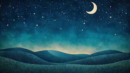 Wall Mural - retro-style milky way night sky landscape with glowing moon and stars, featuring vintage paper artwo