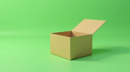 Poster - A partly open, empty cardboard box sits on a vibrant green background, ready for packaging and shipping, symbolizing potential and new beginnings.