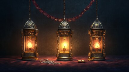 Wall Mural - Elegant islamic lanterns with tasbih prayer beads on a dark background creating a serene spiritual atmosphere, perfect for ramadan, eid, and islamic themed decorations


