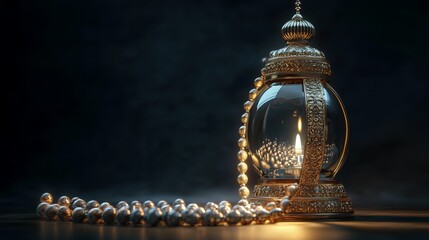 Wall Mural - Elegant islamic lanterns with tasbih prayer beads on a dark background creating a serene spiritual atmosphere, perfect for ramadan, eid, and islamic themed decorations


