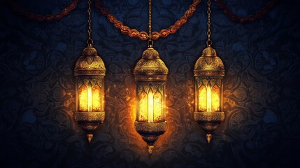 Wall Mural - Elegant islamic lanterns with tasbih prayer beads on a dark background creating a serene spiritual atmosphere, perfect for ramadan, eid, and islamic themed decorations


