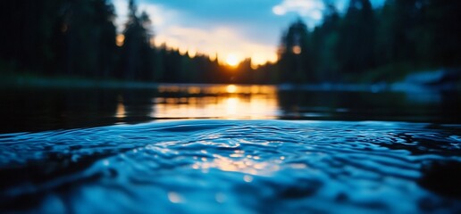 Wall Mural - Serene water surface reflecting twilight colors and distant woodland