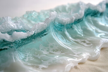 Wall Mural - Detailed close-up of turquoise waves crashing against a white sandy shore during a sunny day