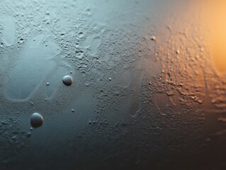 Wall Mural - Water droplets on a surface with warm light reflections