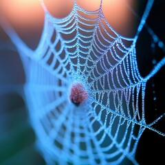 Canvas Print - Close-Up of a Dew-Covered Spiderweb with Blue and Orange Lighting