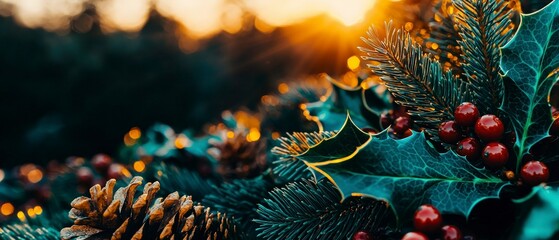 Poster - Close Up of Holly Berries and Pine Cones at Sunset