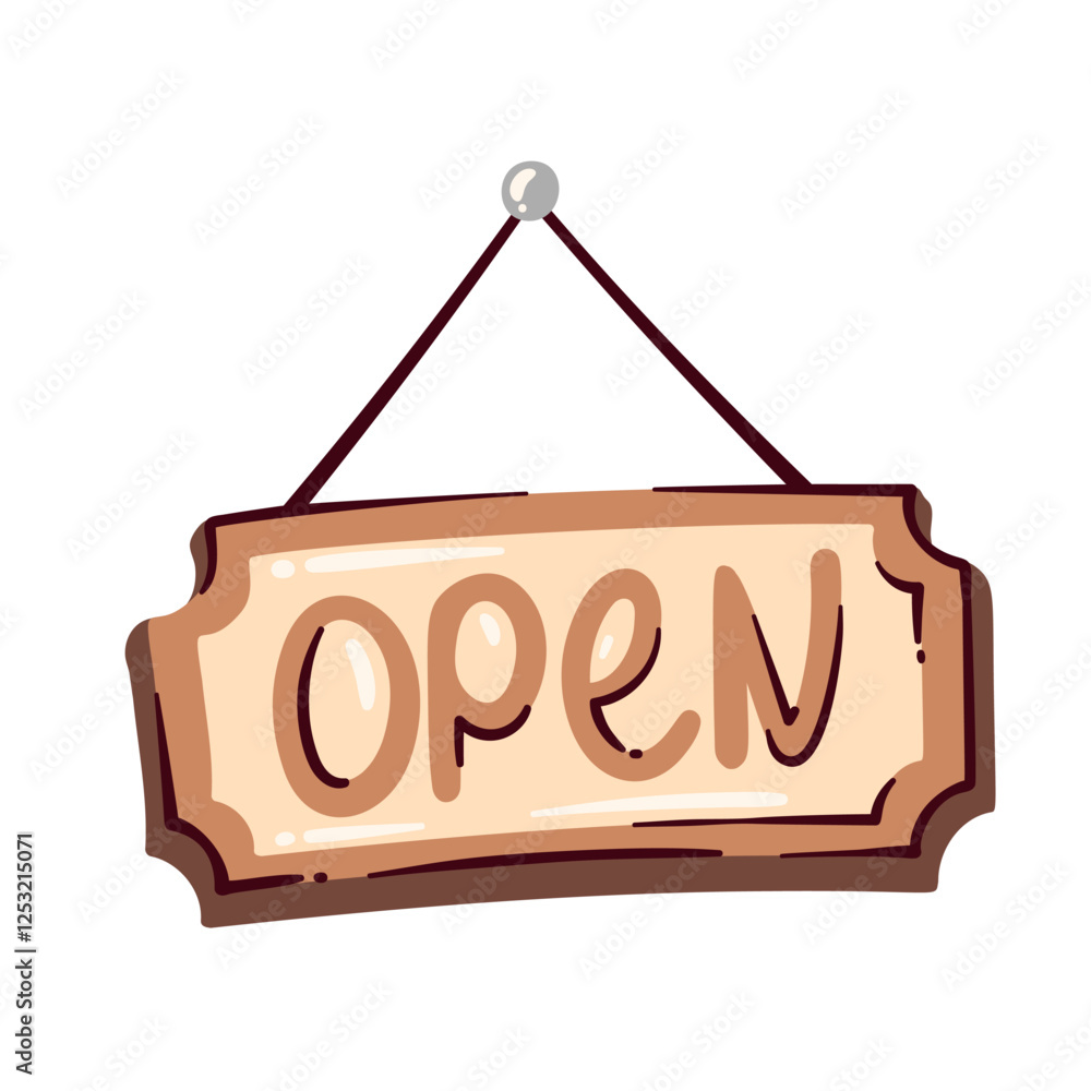 Open cartoon sign hanging on door of coffee shop. Funny brown ...