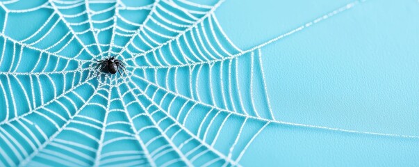 Intricate Spiderweb with a Small Spider on Light Blue Background Halloween Nature Insect