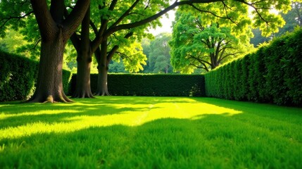 Aufkleber - Serene Garden Vista Lush Green Lawn, Majestic Trees, and Trimmed Hedges Under Sunlight