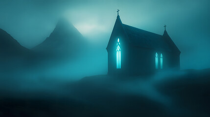 Wall Mural - A deserted chapel in the foggy hills, its windows lit by blue flames that brighten the misty air around.