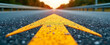© StockPick - Asphalt arrow points forward towards a bright sunset; journey, progress, hope.
