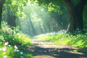 Wall Mural - Lush forest path illuminated by soft morning light