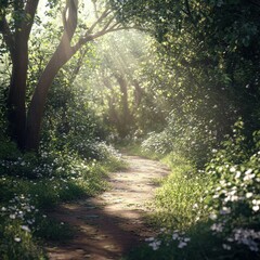 Wall Mural - Sunlight filters through trees along a winding forest path