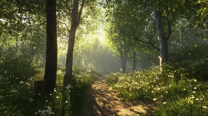 Wall Mural - Serene forest path illuminated by soft morning light