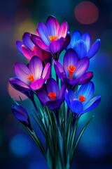 Canvas Print - Vibrant Bouquet of Crocus Flowers, Blooming in Purple and Blue Hues, on a Colorful Bokeh Background.