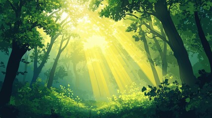 Wall Mural - Sunlight streaming through a vibrant forest canopy