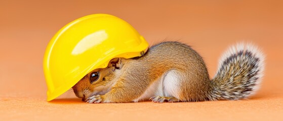 Wall Mural - Cute Gray Squirrel Wearing a Yellow Hard Hat on Orange Background