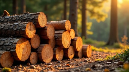Aufkleber - Golden Hour Lumber Stack in a Forest Setting