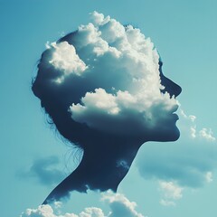 Aufkleber - Dreamy Silhouette of Woman with Clouds Reflecting Inner Thoughts