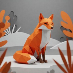 -A stylized 3D origami sculpture of a fox, crafted from sharp