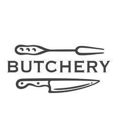 Wall Mural - Butchery logo with knife and fork line icon. Outline hand drawn badge with chefs utensils for cutting beef and pork meat, butchers emblem and text. Butchery vintage logotype vector illustration