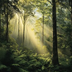 Wall Mural - Sunlight filters through dense forest canopy in morning