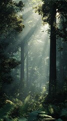 Wall Mural - Sunlight filtering through a dense forest in the morning