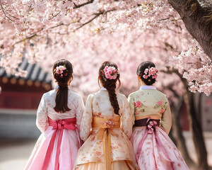 Cherry blossoms in spring and women wearing the Korean national hanbok  in Seoul, South Korea.