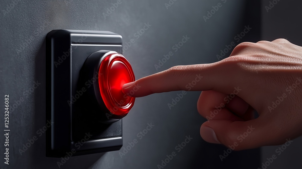 Finger presses on emergency red button isolated on background. Safety ...