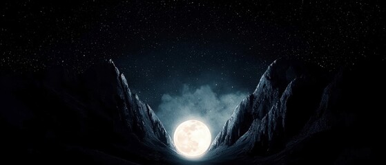 Wall Mural - Full Moon Over Dark Mountain Range Under Starry Night Sky