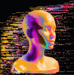 Aufkleber - Vector illustration with a pixelated, glitch effect showcases a stylized human face in purple and orange tones. Digital distortions and vibrant streaks of color enhance its futuristic aesthetic.
