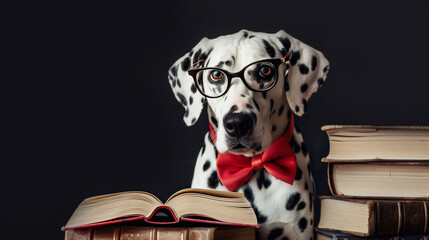 Wall Mural - Dalmatian with glasses and books