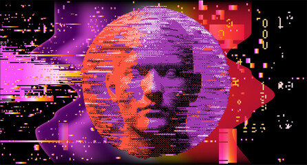 Aufkleber - Glitchy vector illustration of a human face, fragmented with vibrant hues of purple, orange, and green.  Pixelated distortions and digital noise create a futuristic, cyberpunk-inspired aesthetic.