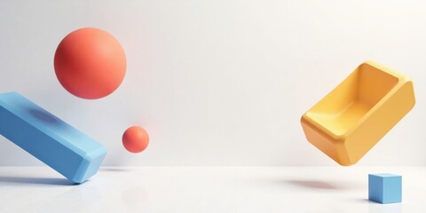 Poster - Abstract Pastel Shapes Levitation Scene Minimalist Design with Floating Geometric Forms on a White Background
