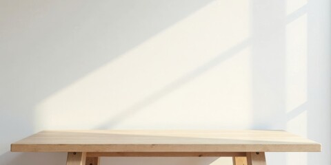 Aufkleber - Light-filled Studio Scene  Empty Wooden Table Against a White Wall with Soft Sunlight Streaming Through