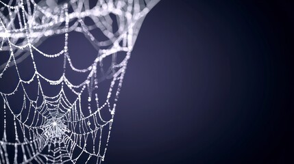 Intricate Spiderweb with Dew Drops on Dark Purple Background