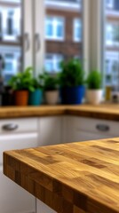 Wall Mural - Light Brown Wooden Kitchen Countertop with Blurred Background