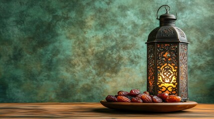 Elegant ramadan concept with traditional lantern and dates on a wooden table against a textured green wall background, creating a warm and festive atmosphere with space for text on the right



