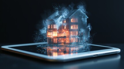 using hologram technology, a futuristic city is displayed on phones and tablets