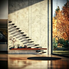 Wall Mural - Modern Minimalist Interior Design with Floating Wooden Stairs and Autumn View