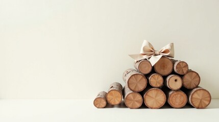 Poster - Rustic Wooden Log Pile Decorated with a Beige Bow, a Simple and Elegant Holiday or Seasonal Arrangement