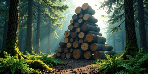 Aufkleber - A triangular stack of neatly arranged logs rests serenely amidst a sun-dappled forest, showcasing the natural beauty of the woodland and the harvested timber.