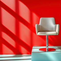 Wall Mural - Modern White Chair Against Red Wall with Sunlight Shadows