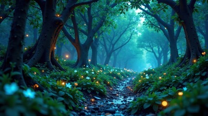 Poster - Enchanted Forest Path A Mystical Stream Winds Through Luminescent Flora and Ancient Trees at Dusk
