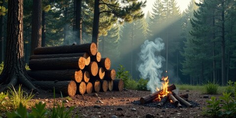 Aufkleber - Serene Forest Campsite with Stacked Logs and a Crackling Campfire at Dawn